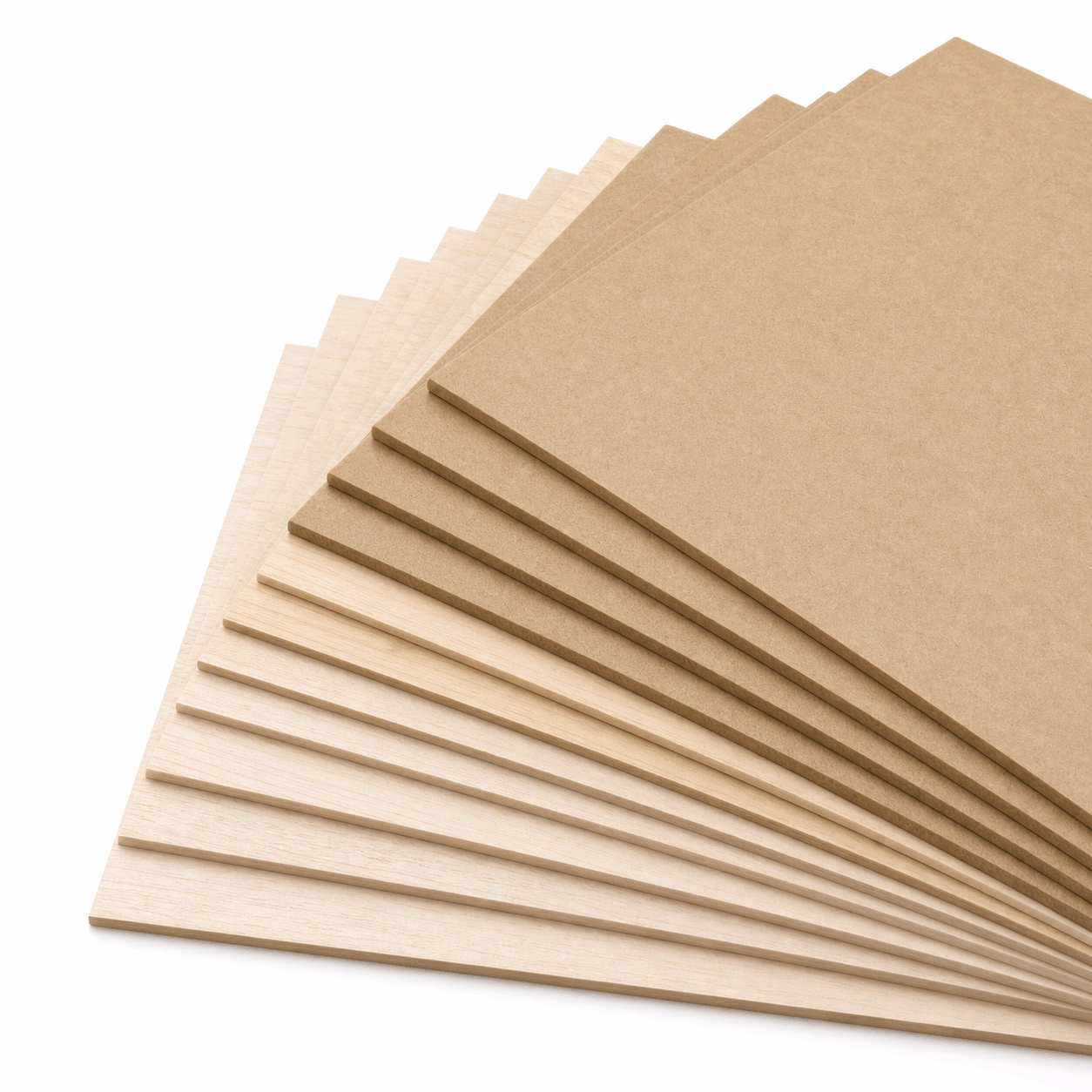 Materialfächer mit gängigen Holzarten und Plattenstärken