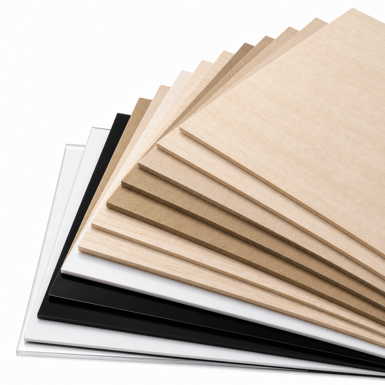 Materialfächer mit MDF, Holz und Acrylglas aus dem Workshop-Bundle
