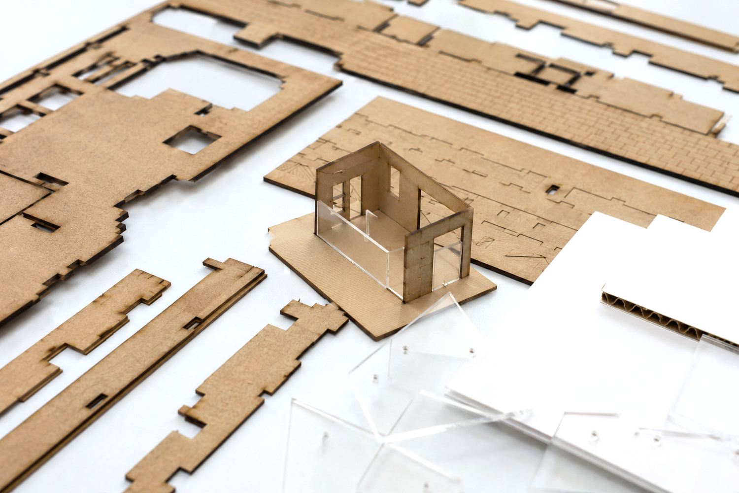 Onderdelen en schaalmodel van een lasergesneden architectuurmaquette