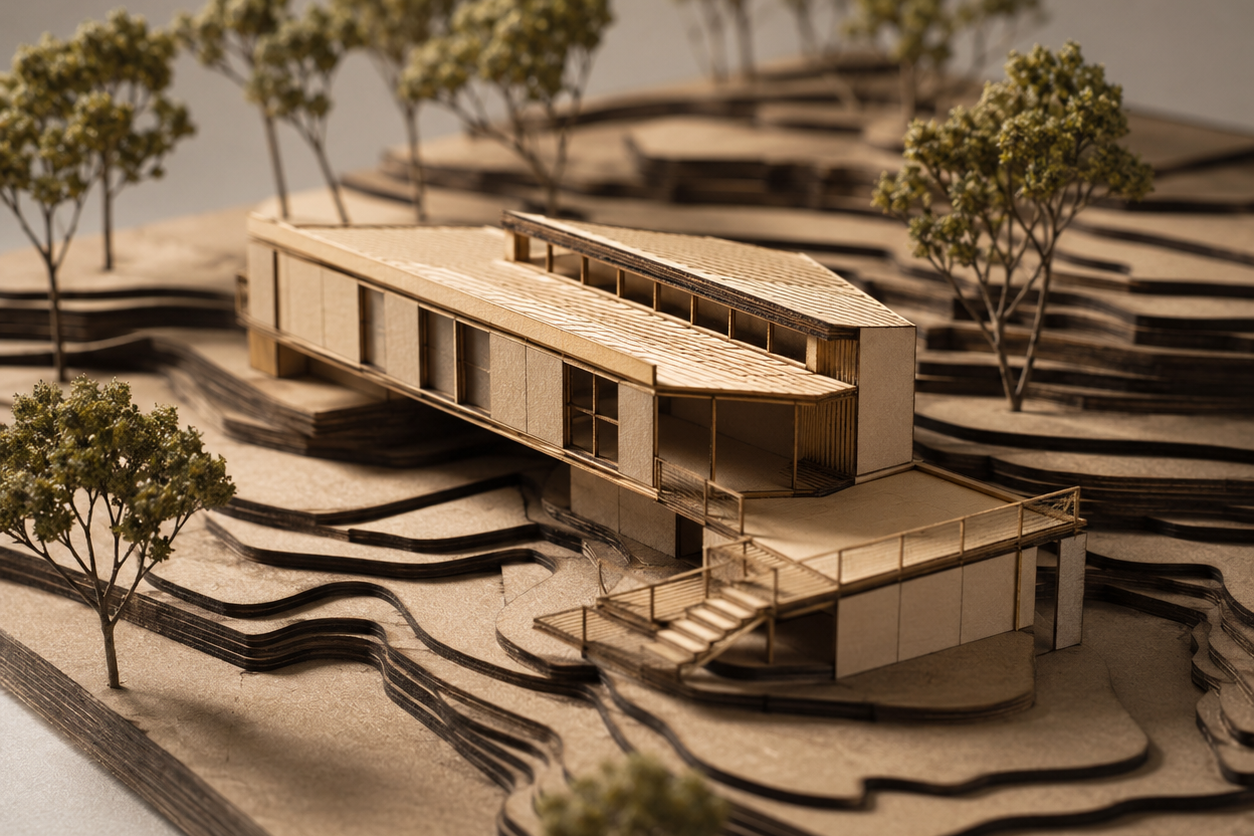Architekturmodell eines modernen Gebäudes in einer geschichteten Landschaft