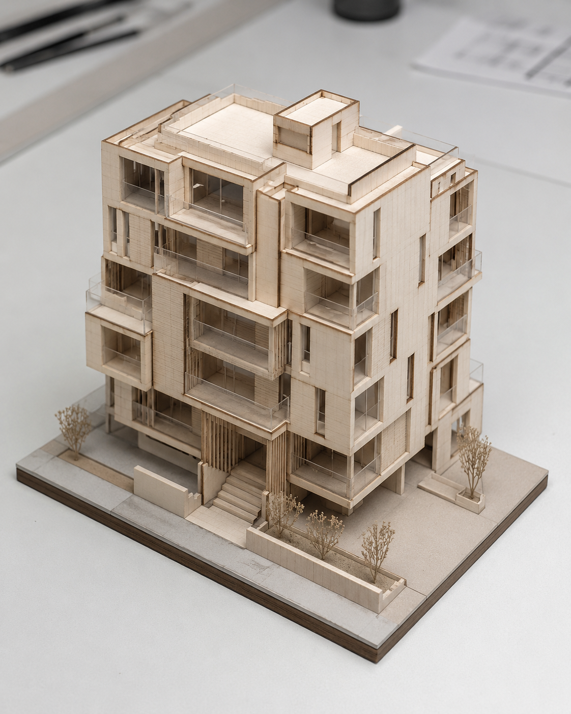 Hoge architectuurmaquette van een modulair gebouw
