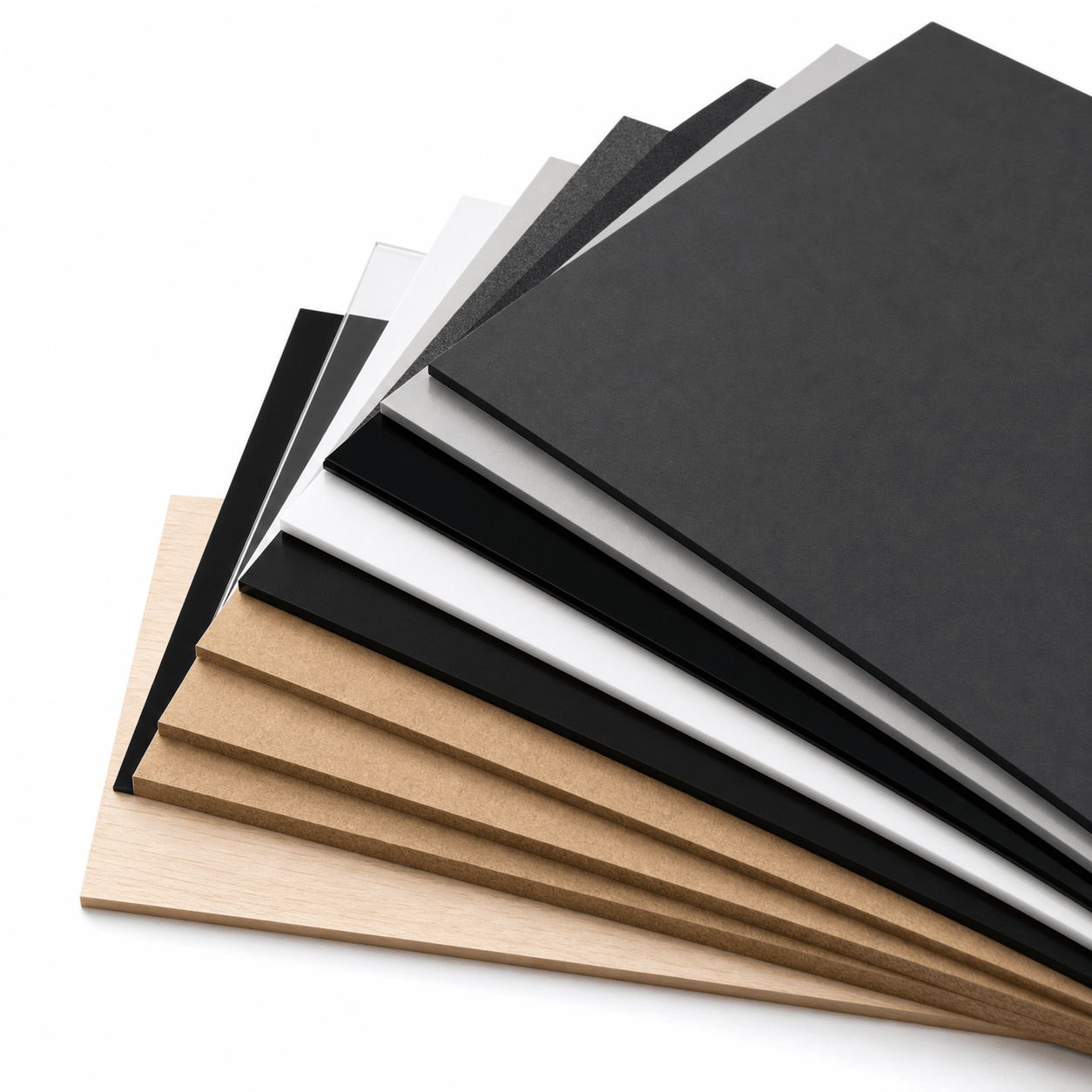 Materialfächer mit Holz, MDF und Acrylglas aus dem Bestseller-Bundle für CO2-Laser