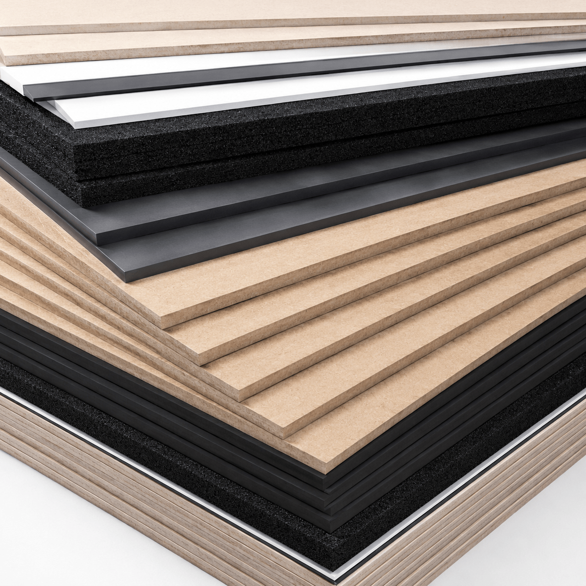 Gestapelte Holz-, MDF- und Acrylglasplatten aus dem Bestseller-XL-Bundle