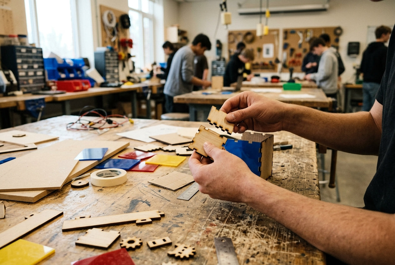 Während eines Kreativworkshops arbeiten die Teilnehmer mit Materialien