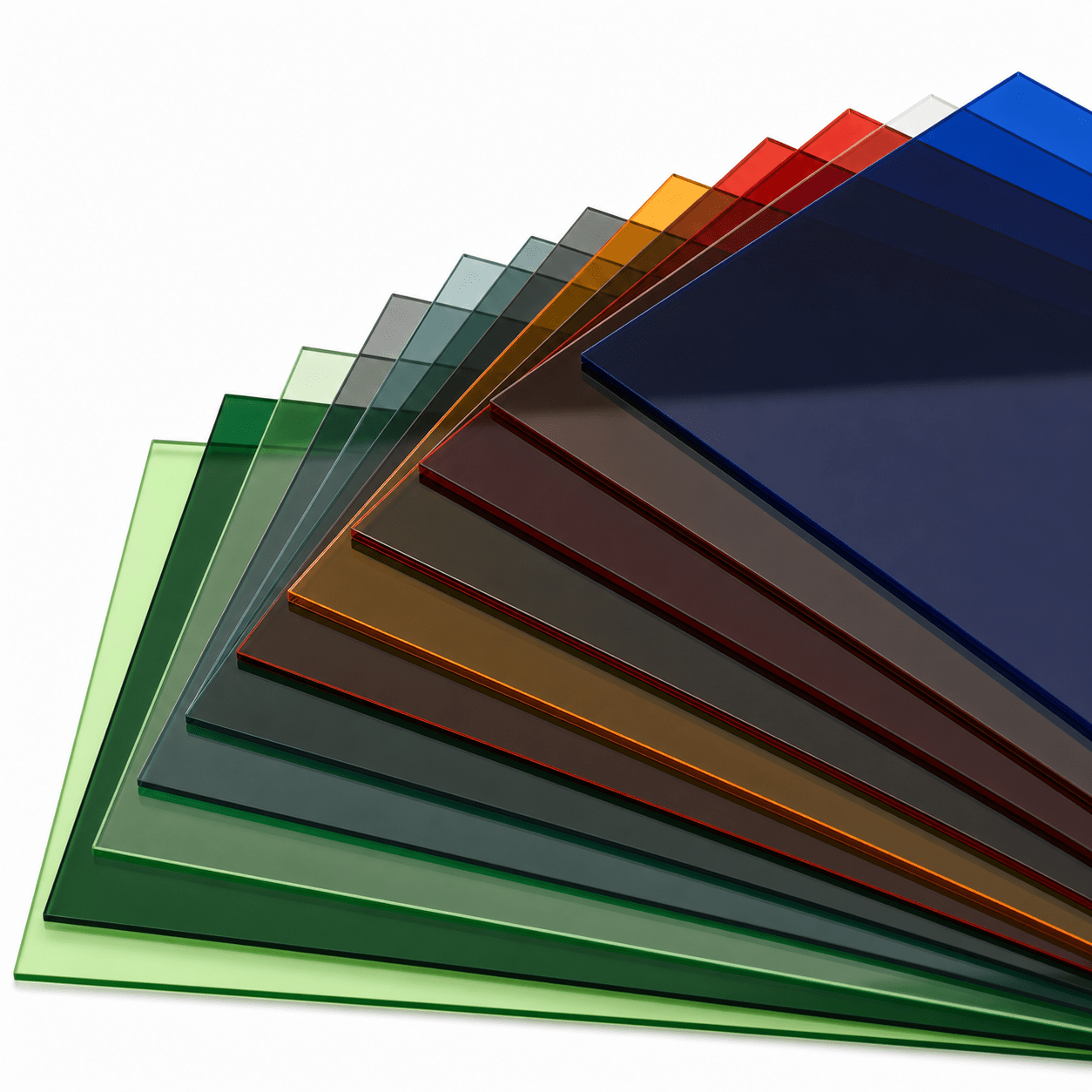 Materialfächer mit getöntem, transparentem Acrylglas in verschiedenen Farben