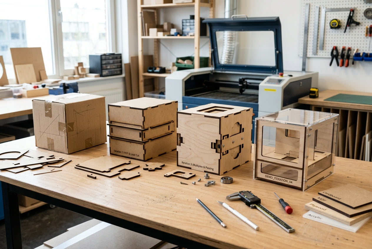 Prototypen aus Pappe und Holz auf einem Arbeitstisch