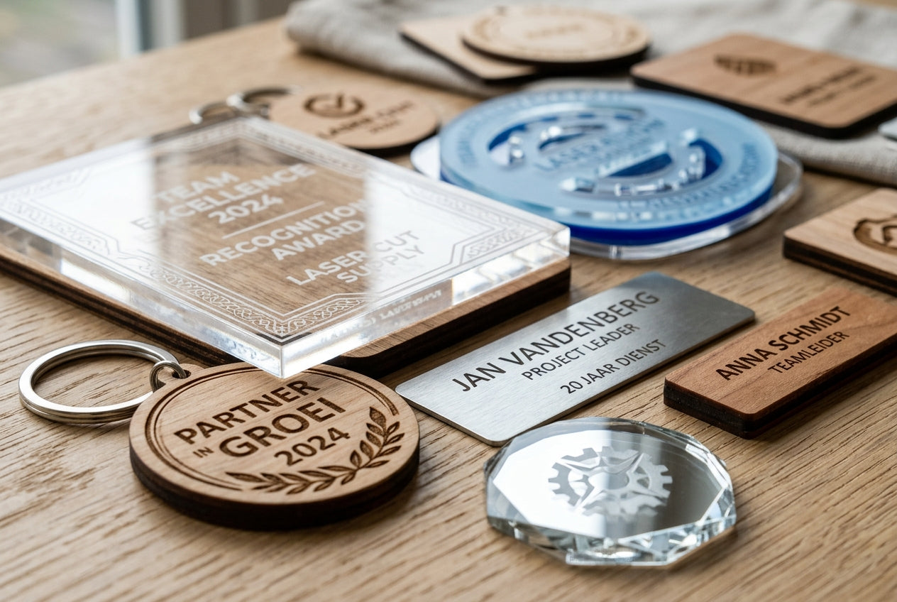 Personalisierte Schlüsselanhänger und Etiketten aus Holz und Acrylglas