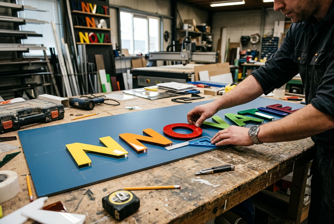 Maker legt gekleurde letters klaar voor een signproject