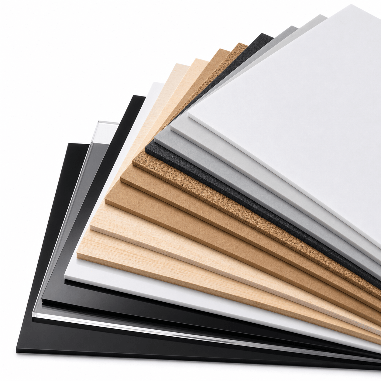 Materialfächer mit Holz, MDF, Schaumstoff und Acrylglas aus dem Starterpaket für CO2-Laser