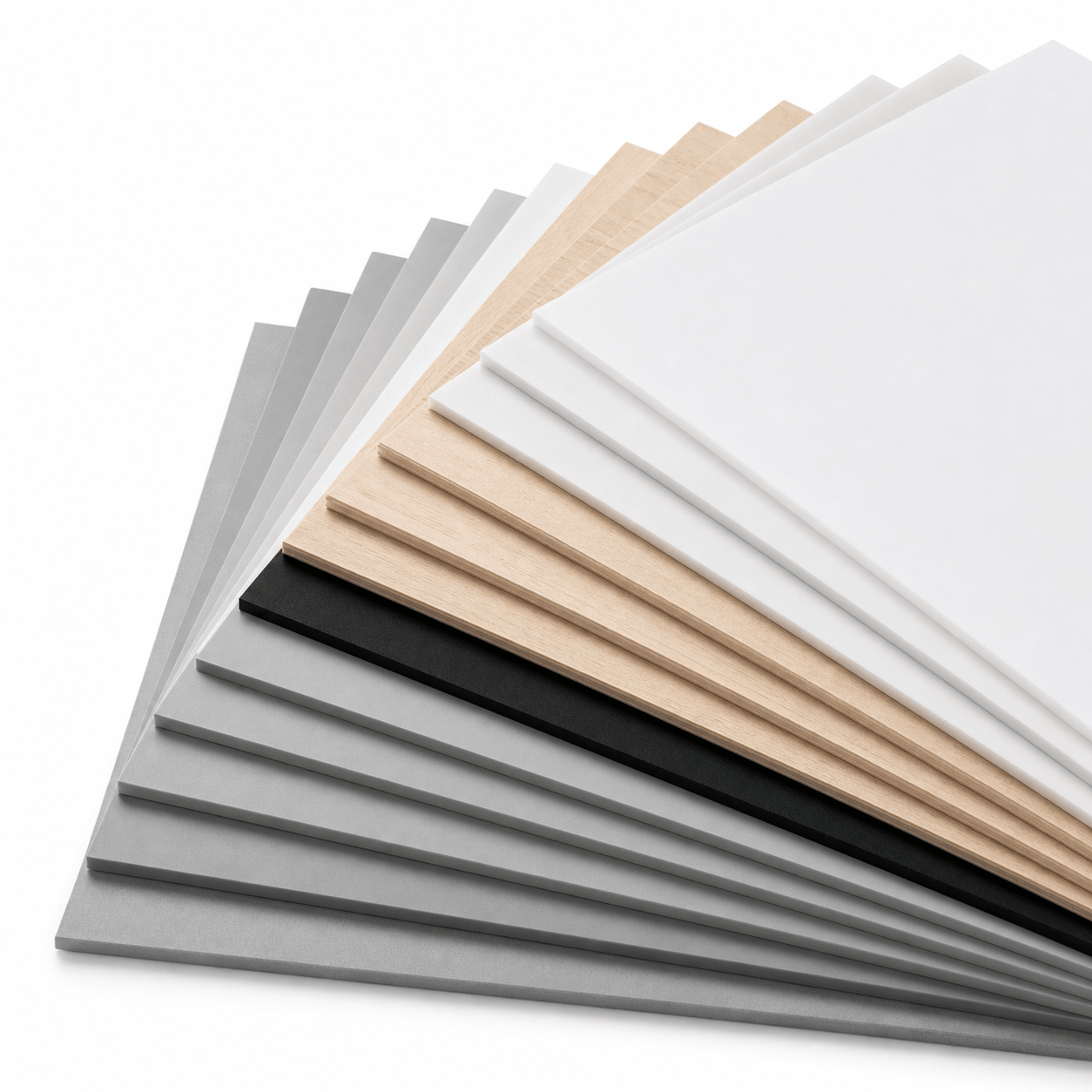 Materialfächer mit Plattenmaterialien aus dem Materialpaket für technische Materialien