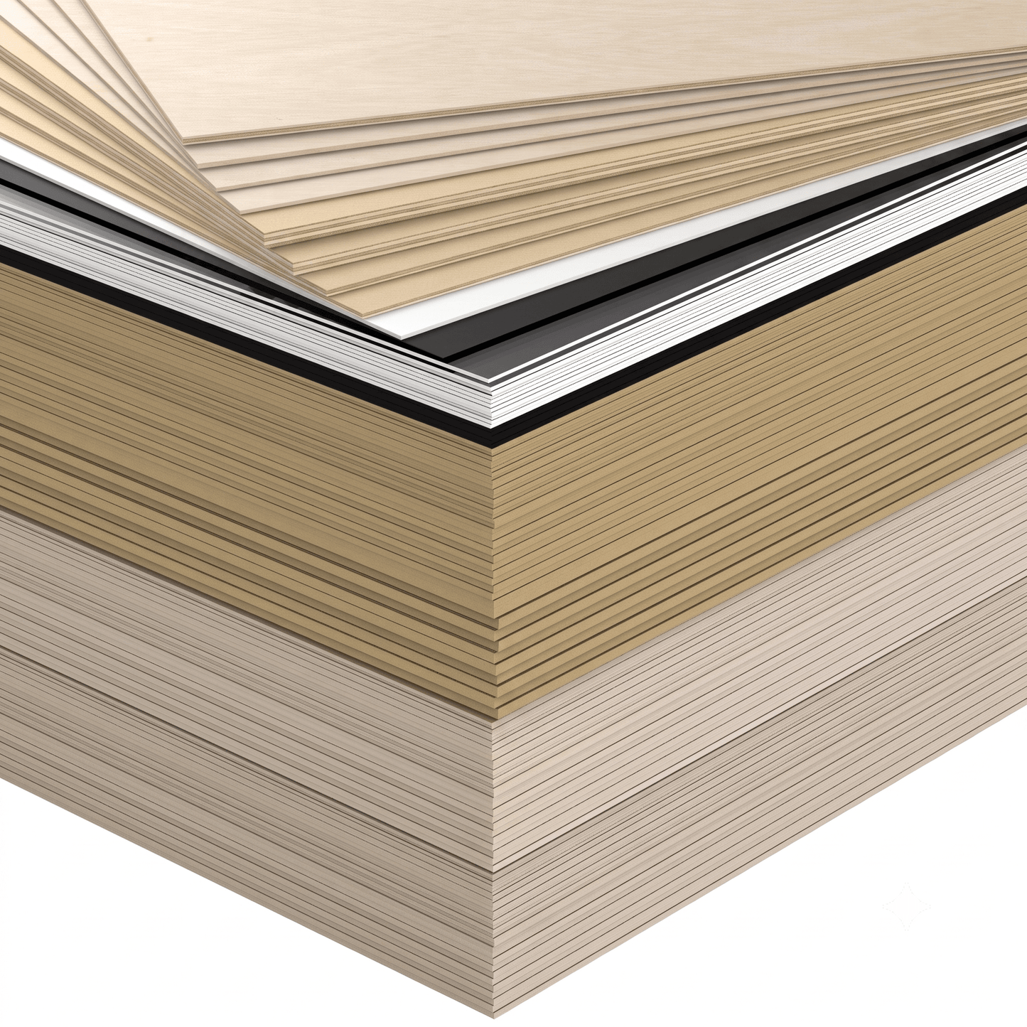 Gestapelte Werkstattmaterialien aus Holz, MDF und Acrylglas aus dem XL-Bundle