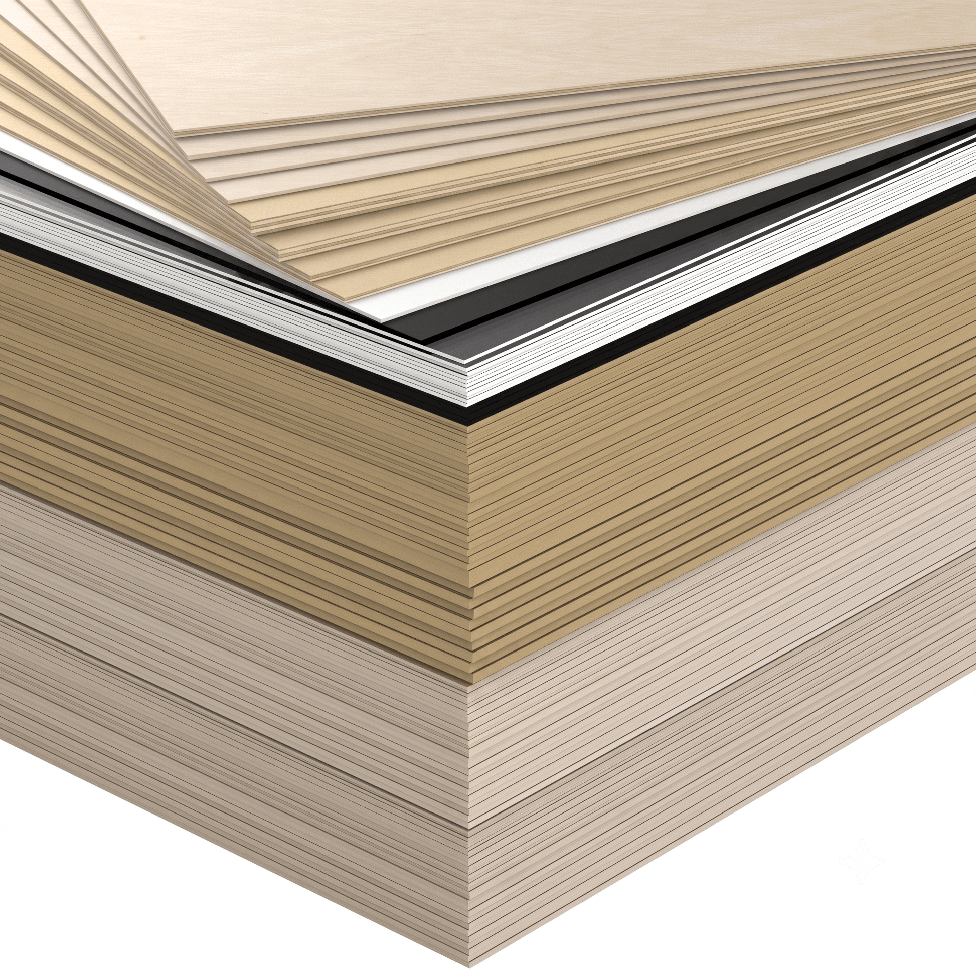 Gestapelte Werkstattmaterialien aus Holz, MDF und Acrylglas aus dem XL-Bundle