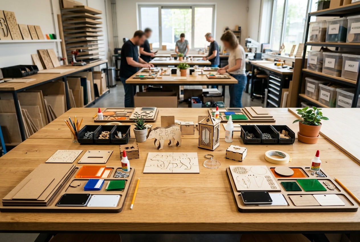 Kreativer Werkstatttisch mit Materialien, Mustern und Werkzeugen