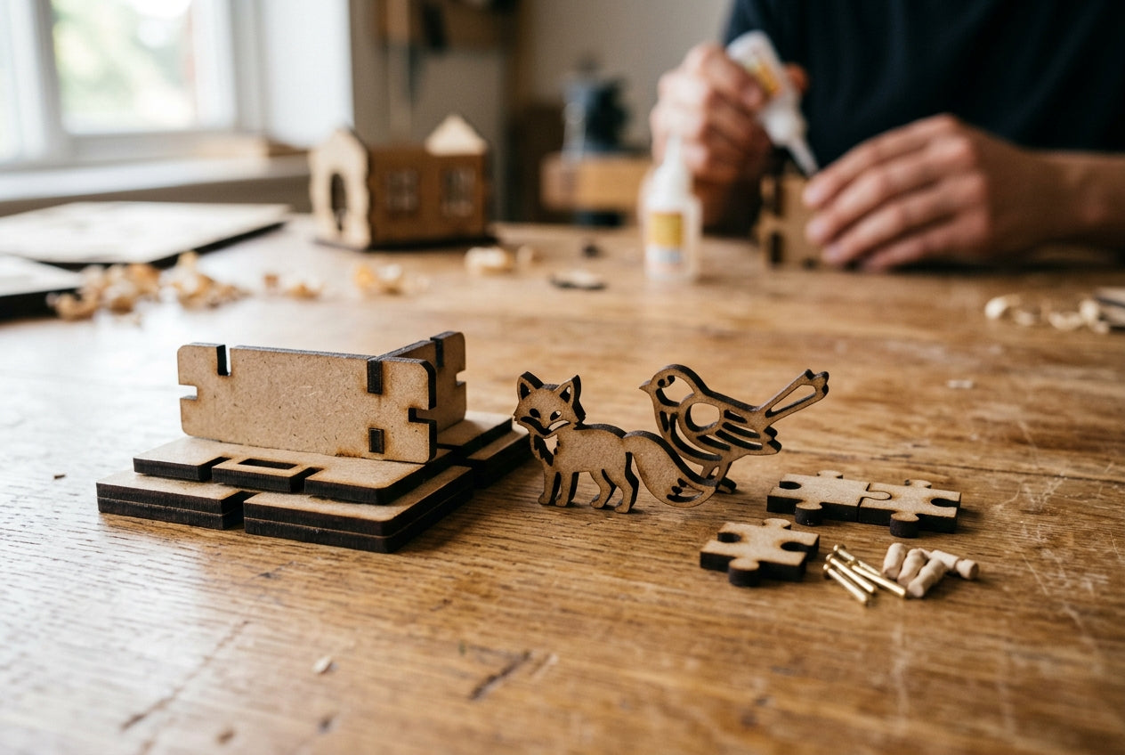 Deelnemer assembleert een houten bouwpakket tijdens een workshop